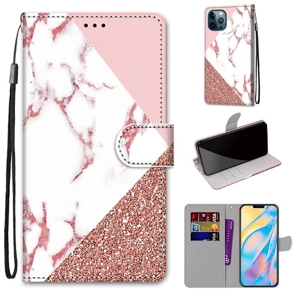 Etui til iPhone 13 Pro Max, tredelt pink stenmalet tegnebog med kortholder flip