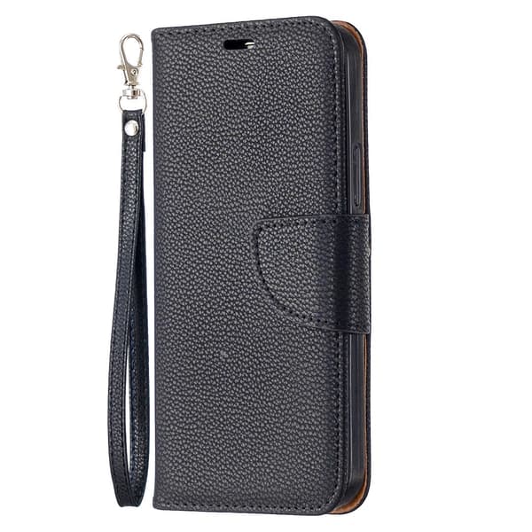 Etui til iPhone 13 svart Pebbled Ensfarget Flip Lommebok med Kortholder Stropp