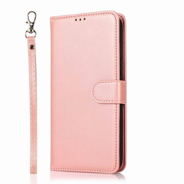 iPhone 15 -kotelo, ruusukullanvärinen vasikannahka, 2-in-1-läppälompakko korttipidikkeellä