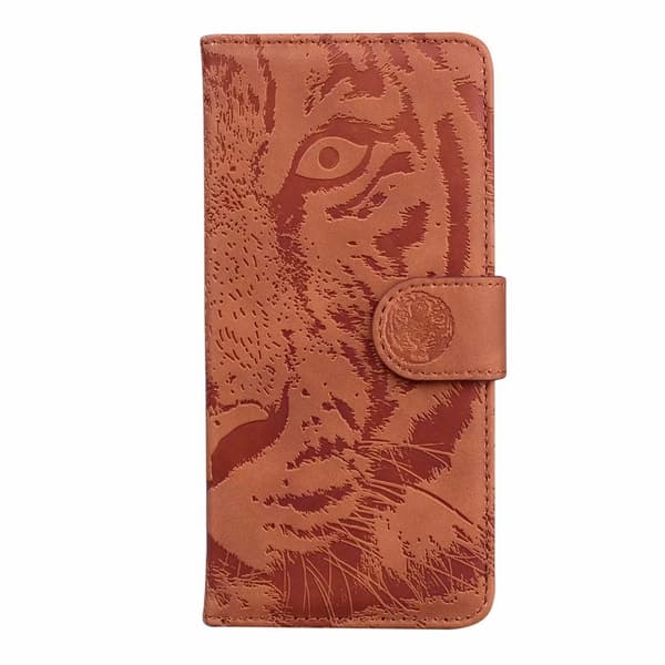 Etui til iPhone 14 Pro Max brun 3D præget tiger blød wallet med kortholder flip
