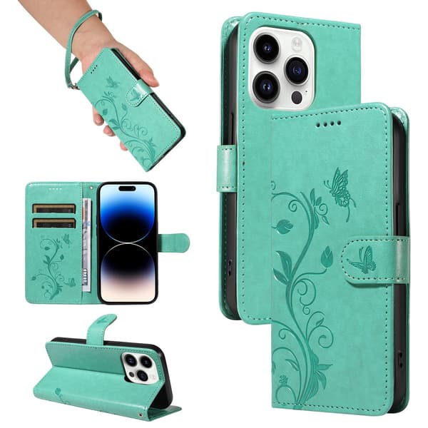 Etui til iPhone 13 mini Grøn + læderarmbånd 3D Præget Mandelblomst Træpung med Kortholder