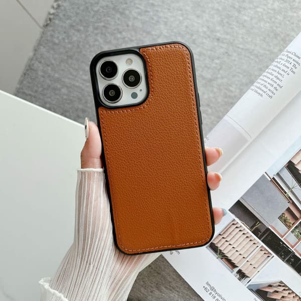 Fodral för iPhone 16e Litchi-mönster 2 i 1 sömmar brunt klassiskt Pebbled lädertextur par Full-Body