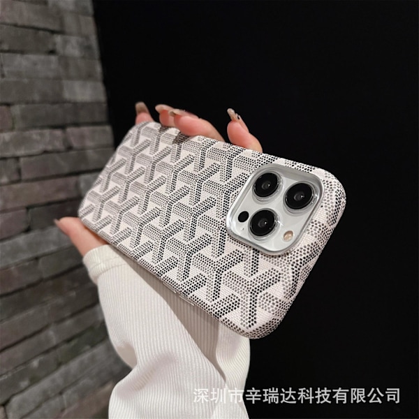 Fodral för iPhone 15 Pro Max Vit Hundtandsmönstrad Läder Magnetisk