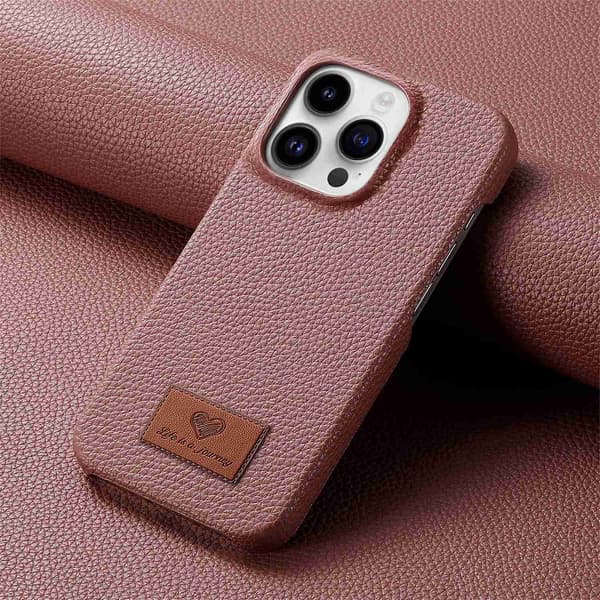 Etui til iPhone 15 Pro Max Date aprikos Lær halv pakke Pebbled liten klar hud