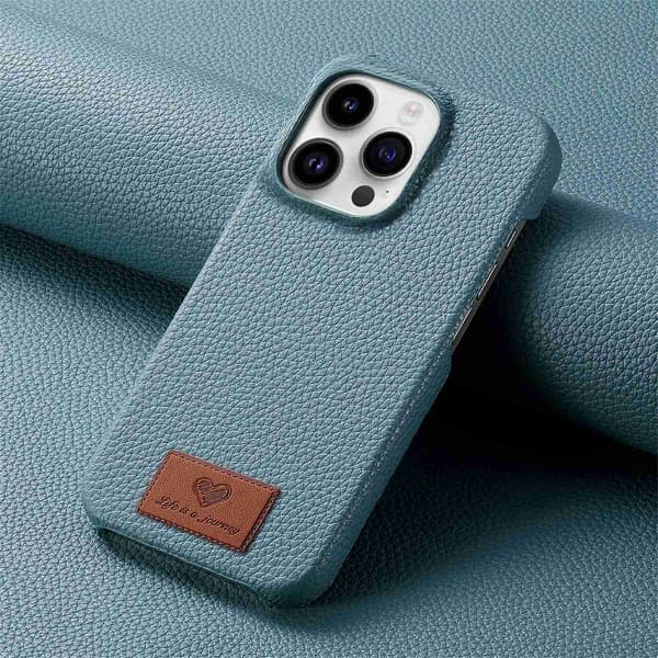 Etui til iPhone 15 blå Læder halv pakke Pebbled lille klar skin
