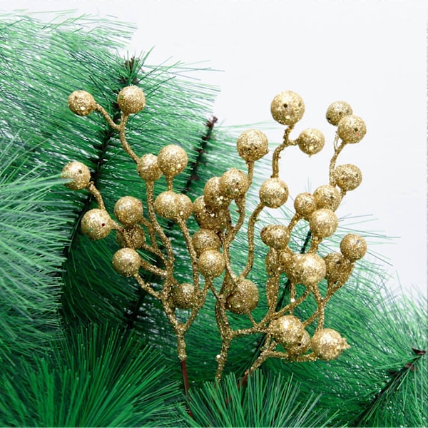 3 stk./sæt Kristtjørnebær Kunstig Blomst Dekorativ Jerntråd Jule Paillet Glitter Simulation Bær Boligindretning Golden
