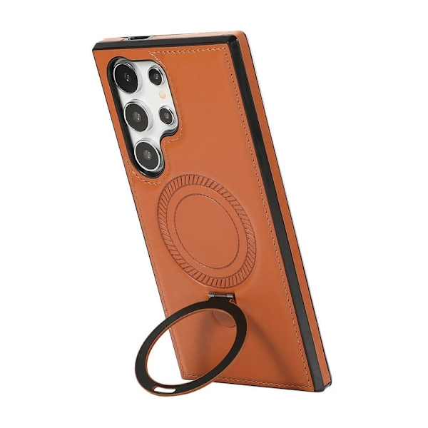 Etui til iPhone 16 Pro Max brun bagside magnetisk opladningsring lædertekstur business