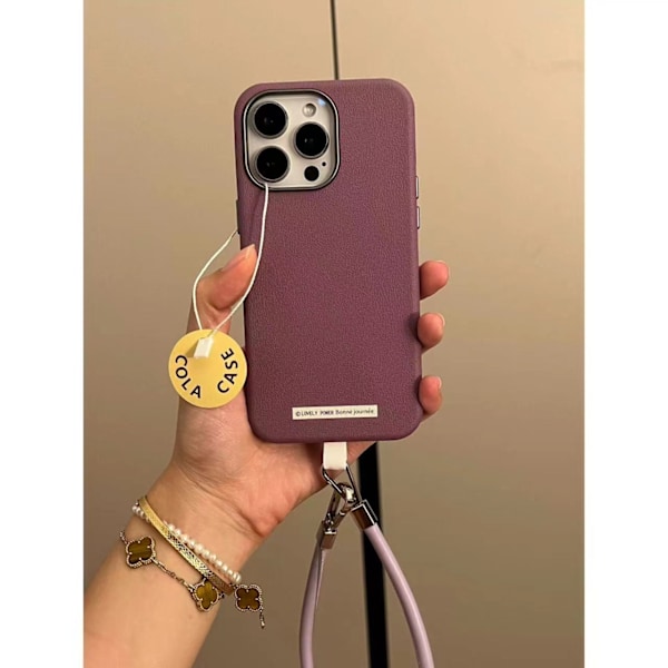 Fodral för iPhone 13pro Svart Garland Lila + Lila Läder Kort Rep Höst och vinter Maillard Enkel lädertextur Rem