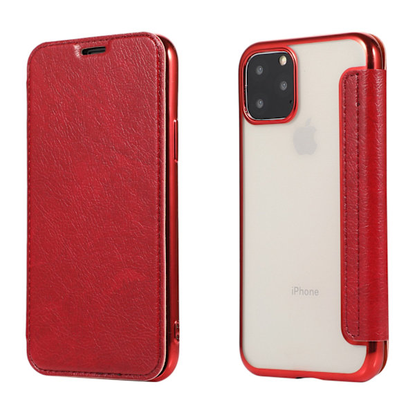 Punainen iPhone 16PLUS -kotelo, jossa on läppä, galvanointirengas, läpinäkyvä lompakko ja korttipidike