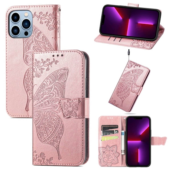 Etui til iPhone 14 Pro Rosaguld Source Flip Butterfly Wallet med Kortholder