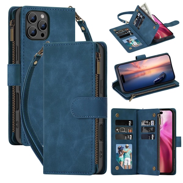 Etui til iPhone 15PLUS Royal Blue Soft-Touch multi-kort lynlåstaske