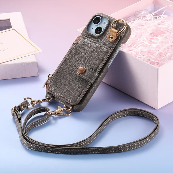 Etui til iPhone 14 Pro Max Sølvgrå læder makeup spejl lang rem pung med kortholder