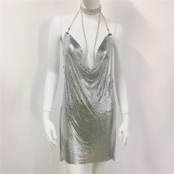 Klänning Sequined Metallic Suspender Dress Sexig nattklubbsklänning Silver paillette style L