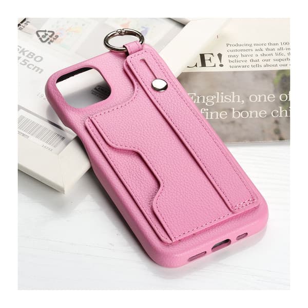 Etui til iPhone 16PRO Rosa Lommebok med Kortholder håndledd lær