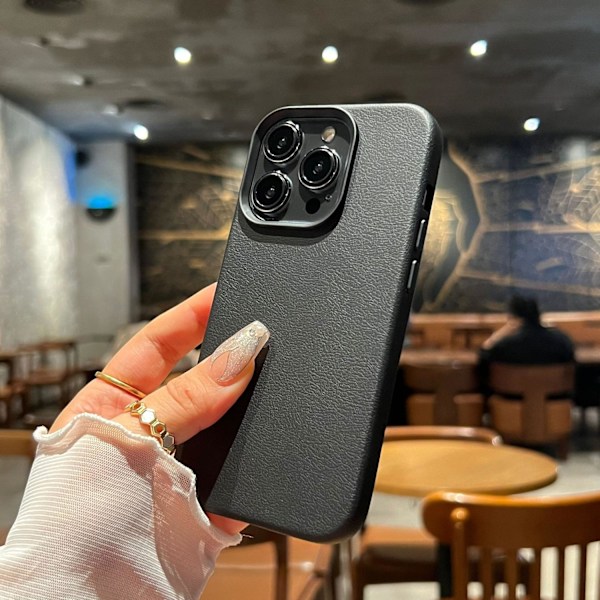 Fodral för iPhone 16promax [Svart] Imitationsläder litchimönster mjukt skal Pebbled Full-Body mjukt PU-läder