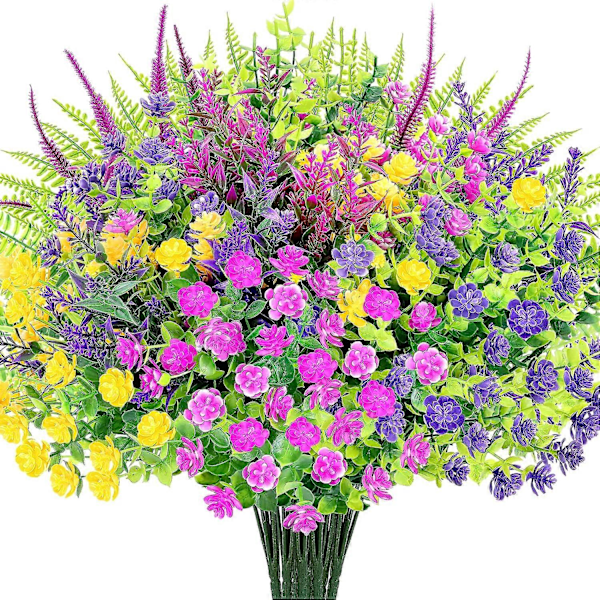 Kunstige blomster, 16 stk. UV-bestandige falske blomster utendørs, kunstige plastblomster Mixed Color-f 16
