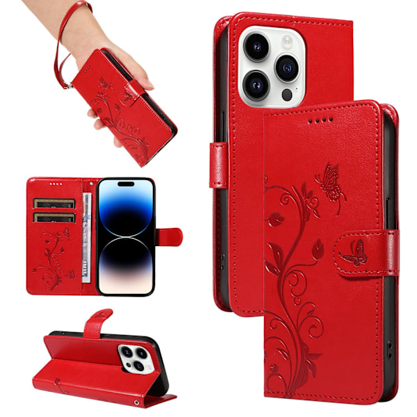 Fodral för iPhone 14 Pro Max Röd + läderarmband 3D Präglat Mandelblomsträd Plånbok med Korthållare