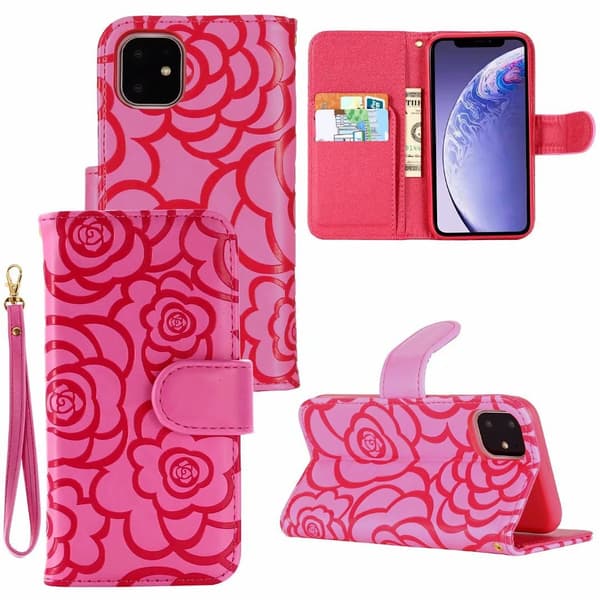 Etui til iPhone 13 mini Rosarød Rose Præget Tegnebog med Kortholder Flip