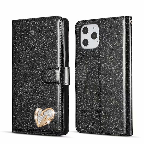 Etui til iPhone 15 Pro Max sort Hjerte glitter diamant hardware pung med kortholder flip