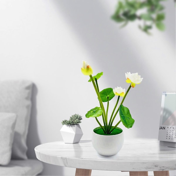 Dekorativ Konstgjord Bonsai Livfull Realistisk Blekningsfri Pastoral Grön Blad Falsk Lotus Bonsai Heminredning White