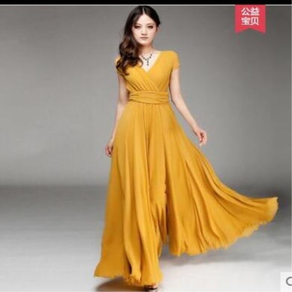 V-ringad kortärmad bohemisk chiffong midja klänning aftonklänning Yellow XL