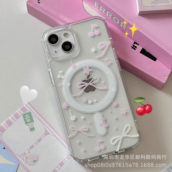Fodral för iPhone 15 Pro Magnetiskt mobilskal Korea Fjäril Körsbär Magnetisk läderkorthållare