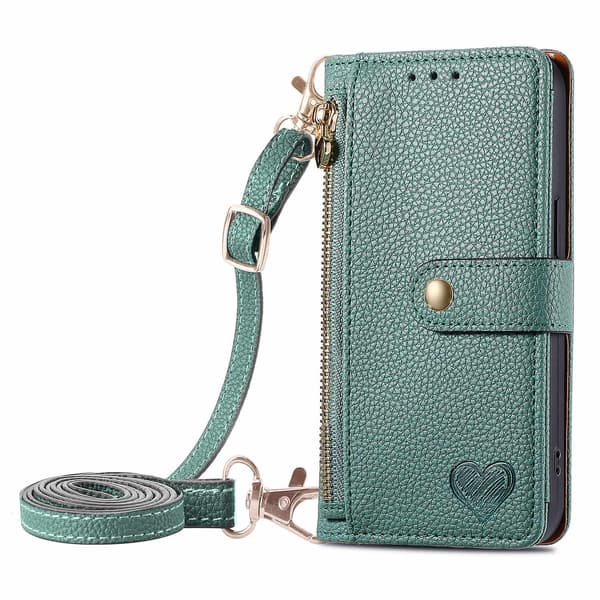 Fodral för iPhone 13 Pro Grön [lång crossbody-rem] Source Love Pebbled RFID-blockerande rem