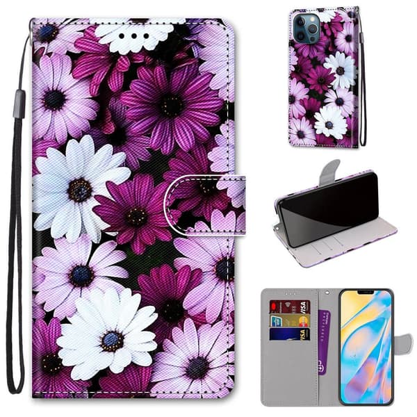 Etui til iPhone 13 Pro Max Chrysanthemum pink hvid lilla Malet Wallet med Kortholder Flip