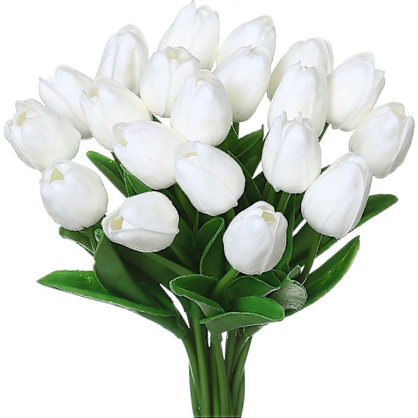 Keinotekoiset tulppaanikukat, 20 kpl 34 cm keinotekoisia lateksitulppaaneja kodin, huoneen, toimiston, juhlien ja häiden koristeluun, valkoinen White