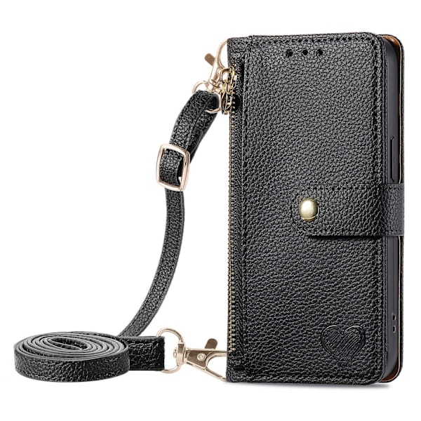 Etui til iPhone SE 2024 Sort [lang crossbody snor] Source Love Pebbled RFID-Blokerende Rem
