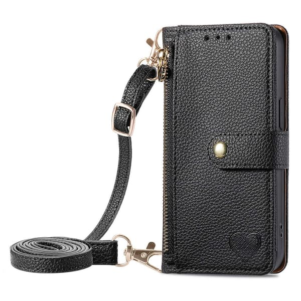 Etui til iPhone SE 2024 Svart [lang crossbody-snor] Source Love Pebbled RFID-blokkerende stropp