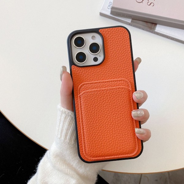 Etui til iPhone 15 PROMAX Orange litchi mønster kort Pebbled læder tekstur Wallet med kortholder