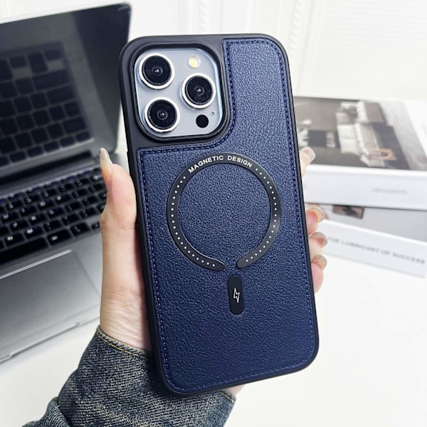 Kotelo iPhone 15 Prolle, tummansininen nahkakuvio, magneettinen business-tyyli