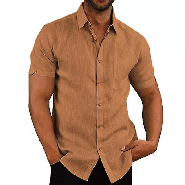 Ny 100 % bomullslinne kortärmad herrskjorta T-shirt sommar enfärgad kavaj Casual Beach Style dark khaki M