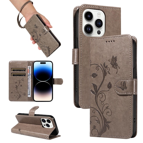 Fodral för iPhone 14 Grå + läderarmband 3D Präglat Mandelblomsträd Plånbok med Korthållare