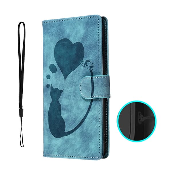 Etui til iPhone 15Plus Blå-Præget Kat Hjerte Læder Etui Kat Hjerte 3D Præget Flip Wallet med Kortholder