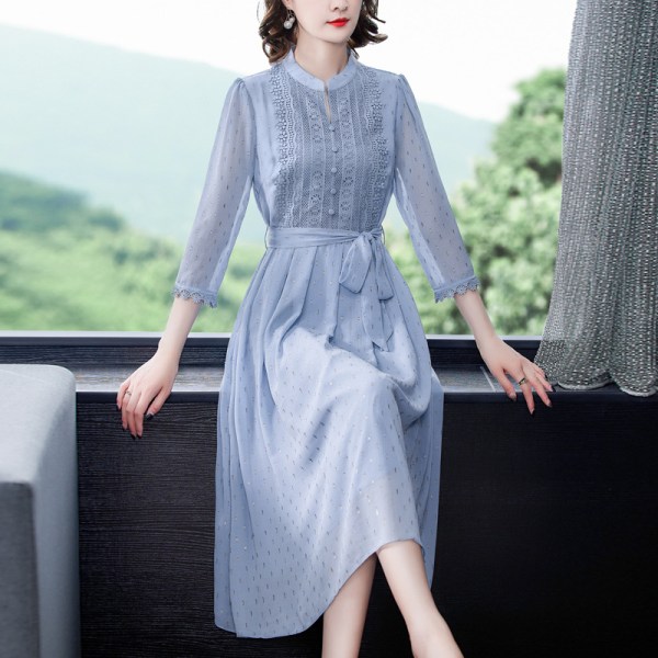 Chiffong Spetsklänning Dam Elegant Slim Fit Tunn över knäet Medellängd Light Blue 3XL
