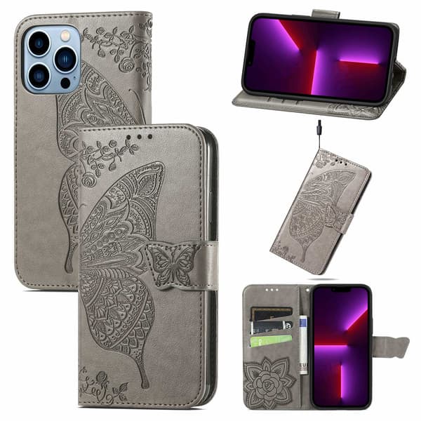 Etui til iPhone 13 Pro grå Source Flip Butterfly Lommebok med Kortholder