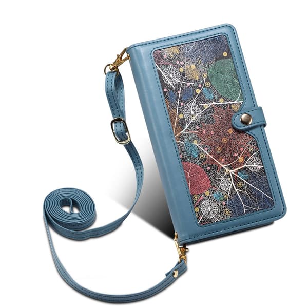 Etui til iPhone 14 Pro Max Blå + lang snor Mixed Media Flip Crossbody Multi-kort Glidelås Malt