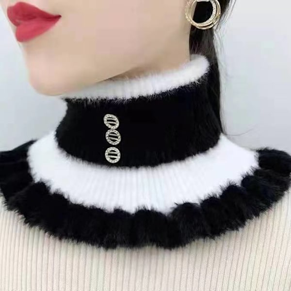 Falsk krage for kvinner, vindtett skjerf, cervikal støtte, tykkere White in black