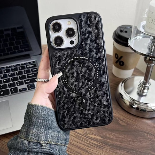 Etui til iPhone 13 Pro, sort lædermønster, magnetisk business