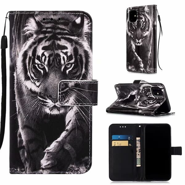 Etui til iPhone 13pro MAX Sort og hvid tiger Almindelig malet tegnebog med kortholder Flip
