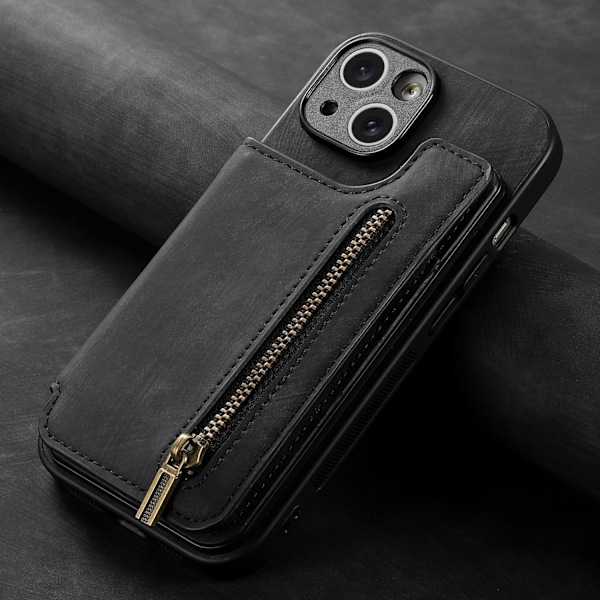 Kotelo iPhone 15 Plus -puhelimelle, musta, sileä nahkainen jalustallinen lompakkokotelo korttipidikkeellä