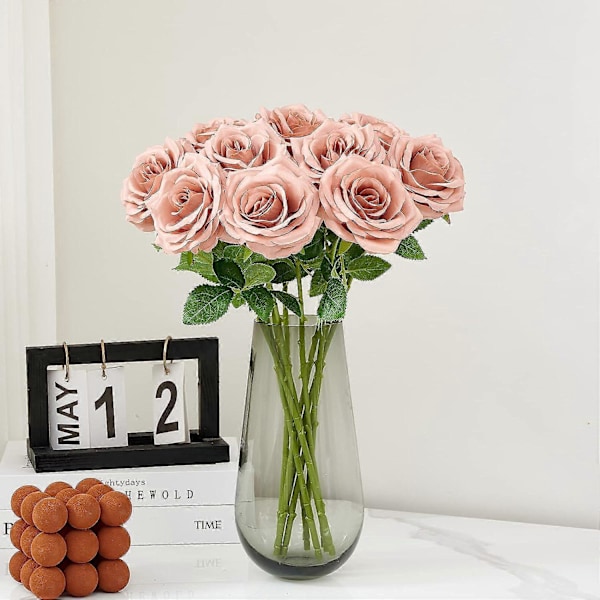 Keinotekoinen ruusu, 10 kpl avoin kukkakimppu, tekokukkien varsia, väärennettyjä silkkikukkia (poltettu oranssi) Light Dusty Rose