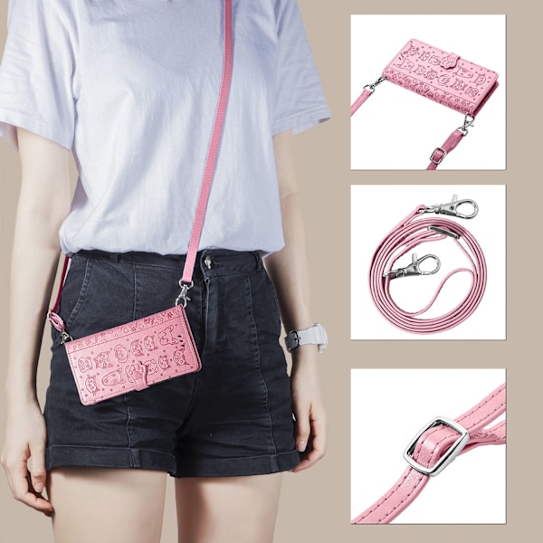 Kotelo iPhone 13 Prolle, pinkki lompakko korttipidikkeellä ja pitkällä crossbody-hihnalla
