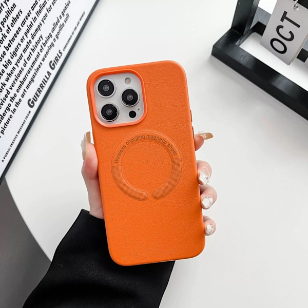 Etui til iPhone 13promax orange farve Magnetisk læder business Plain
