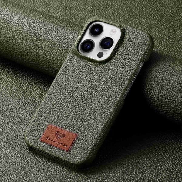 Etui til iPhone 16 Midnight Green Læder half pack Pebbled small clear skin