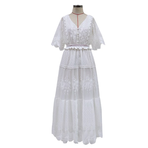 V-ringad kortärmad spetsklänning Enfärgad oregelbunden White 3XL