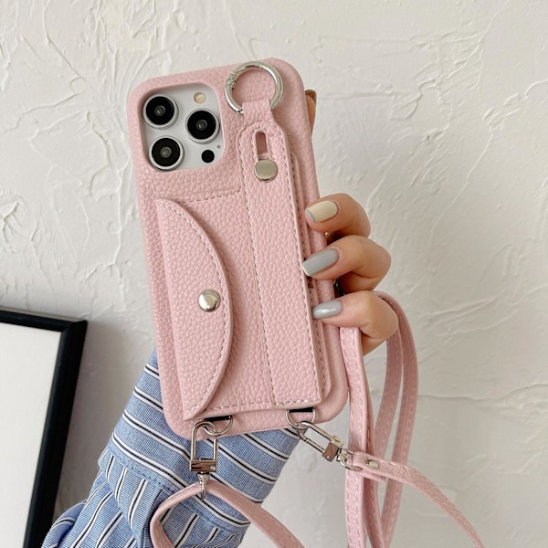 Fodral för iPhone 14plus Korthållare Handledsrem Crossbody Rosa Läder korthållare, handleds crossbody