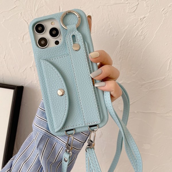 Etui til iPhone 16e Kortholder Håndledsrem Lyseblå Læder kortholder, håndleds crossbody